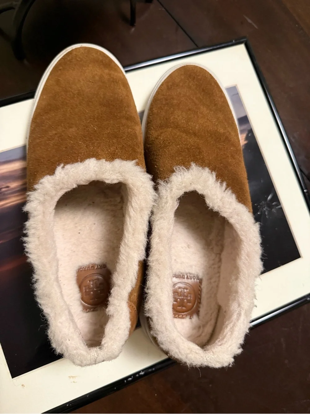 Tory Burch Kids Tan Leather Slip-On Sneakers with Cream Shearling Trim